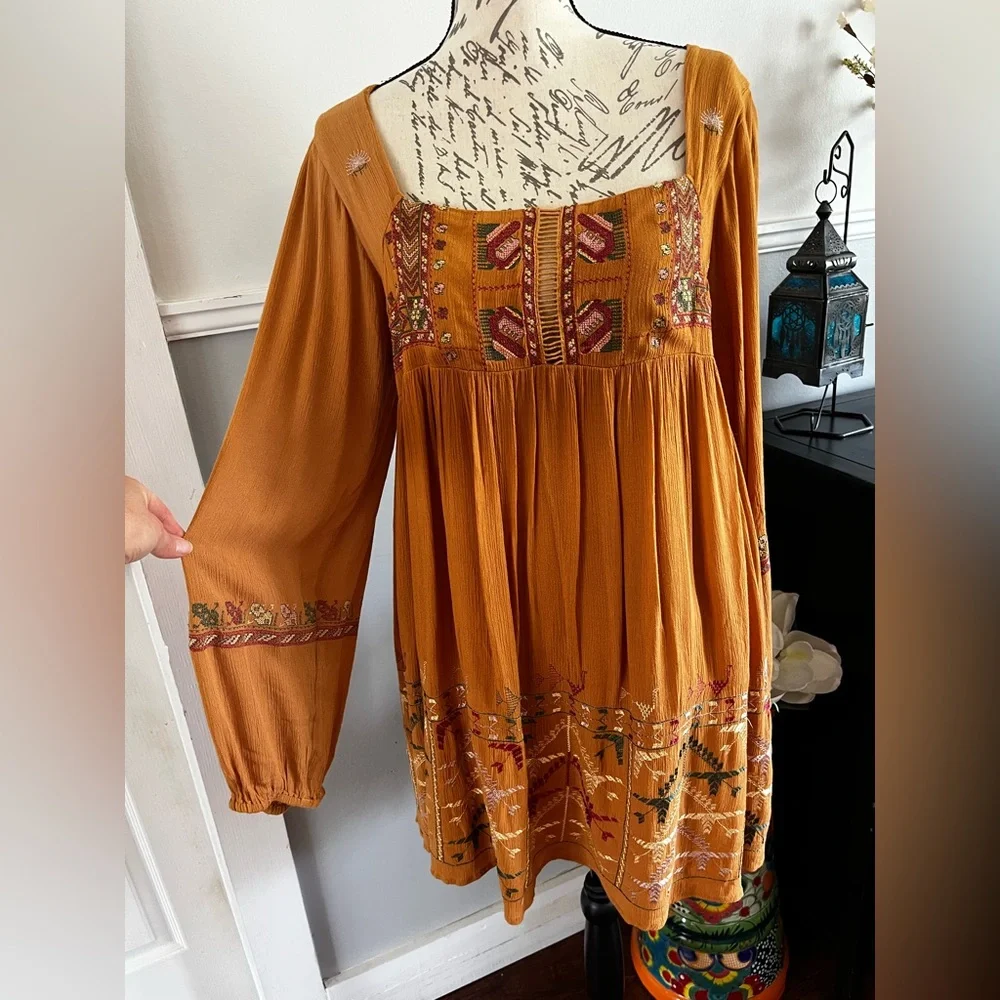 NWT Free People Mustard Yellow Bishop Sleeve Sundress Embroidered Small Mini